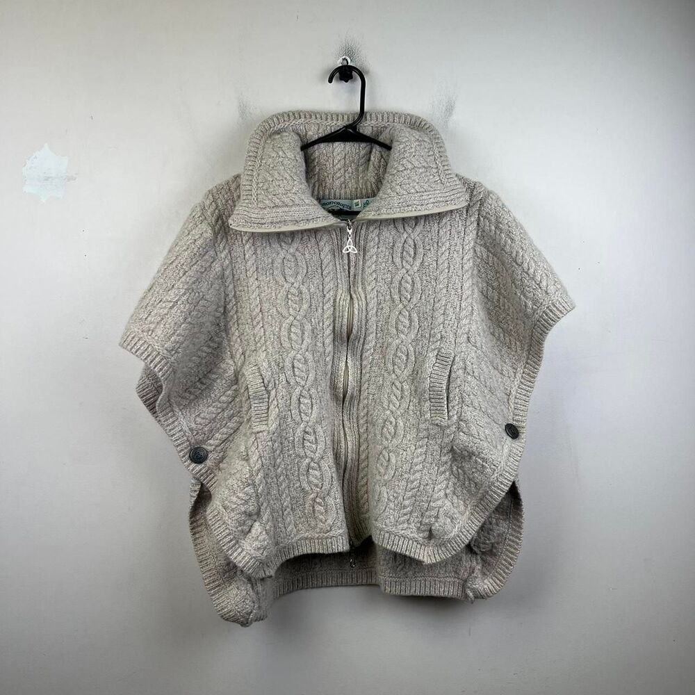 Aran Crafts Wool Sweater Poncho Cape - Zip Cardigan Size M